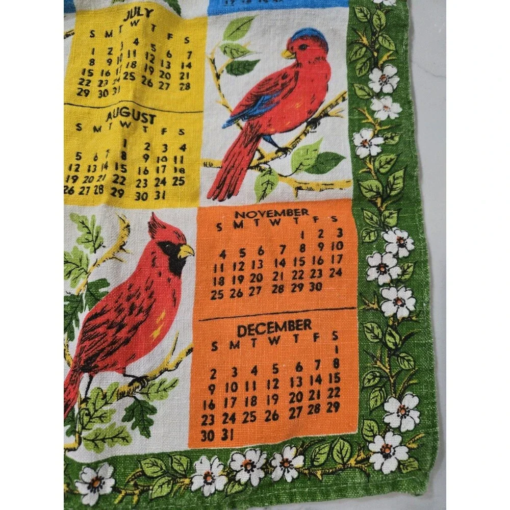 Vintage Linen Bird Tea Towels (1) 1973 Calendar And (1) Bird List